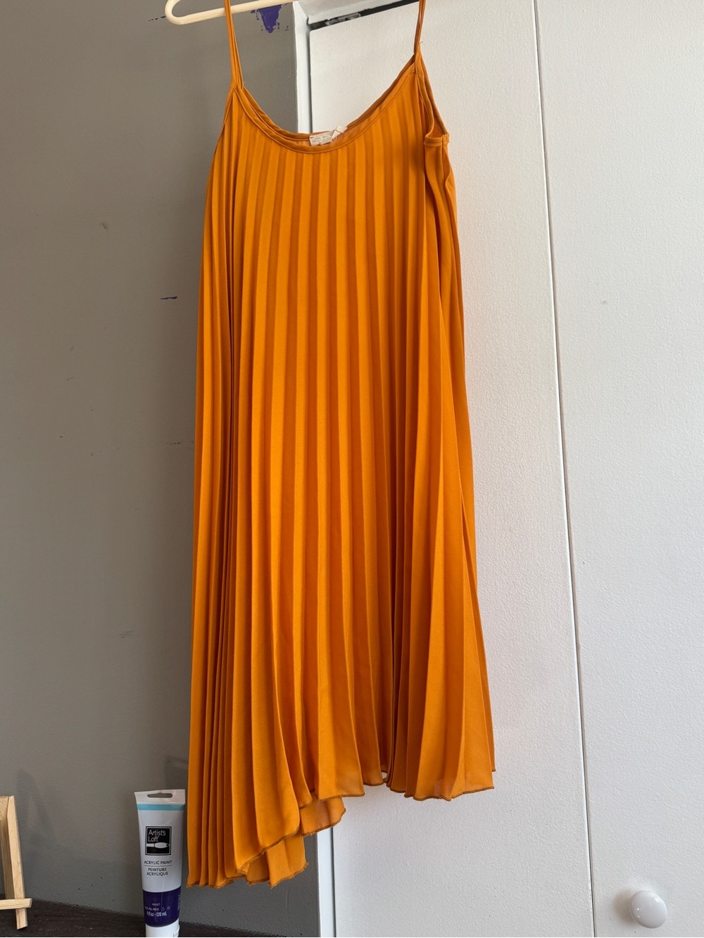 See You Monday Ochre Yellow Accordion Pleat Asymmetrical Dress sz Large